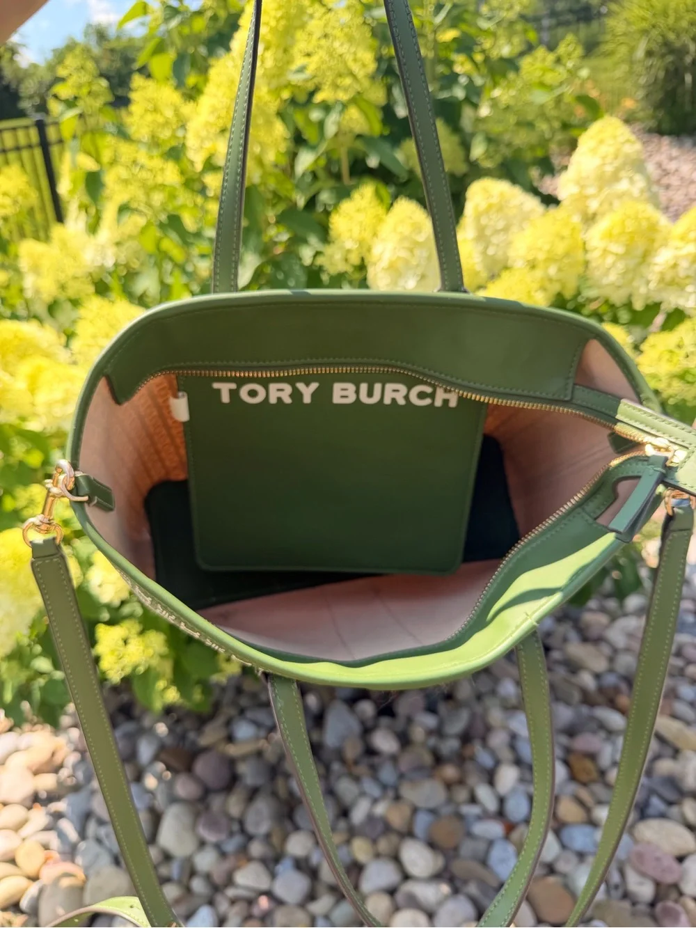Tory Burch Green Tote Bag with Chain-Patterned Canvas and Stripe Detail.